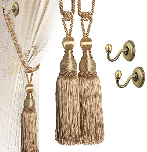 VEGCOO Lot de 4 Embrasses de Rideaux Faites à la Main - 2 Boucles Européennes Avec Pompon et 2 Crochets (Doré)