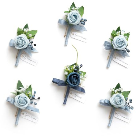 Ling's Moment Boutonniere for Men, 6pcs Groom Groomsmen Boutonniere with Built-in Pins, Artificial Flowers for Wedding Decor/Prom/Homecoming, etc.Dusty Blue Light Blue