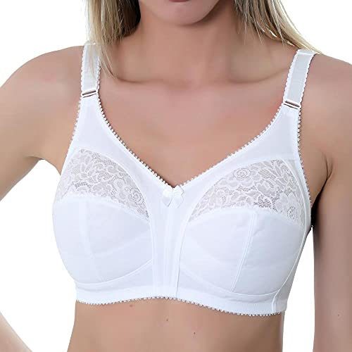 Gemm Ladies White Non Wired Lace Trim Plus Size Bra with Large Cup Sizes Full Firm Support (38 J, White)