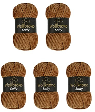 Wollbiene Softy - Super Bulky - Lot de 5 pelotes de laine à tricoter et crochet - 100 g - 500 g au total - Chenille - Pour crochet - Marron chocolat 23