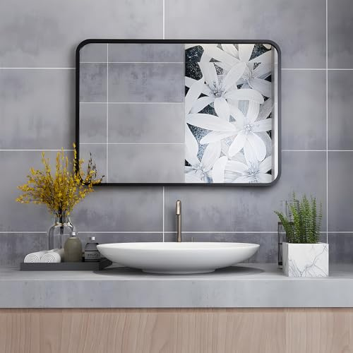 MIQU Specchio da bagno, 70 x 50 cm, senza illuminazione, rettangolare, colore nero, telaio in metallo, per bagno, soggiorno, WC, 500 x 700 mm