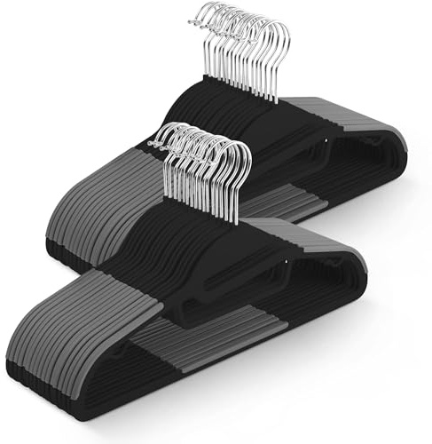 KEPLIN 50 Pack Non-Slip Hangers Durable Slimline Design Space Saving With 360 Swivel, Tie Organiser, Strap Hooks and S Shape Opening (41x22cm) in (Black)