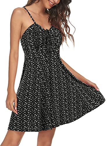 Missufe Robe d'été pour femme Swing Robe à fleurs Robe décontractée Bretelles spaghetti Robes Cami, Noir , L