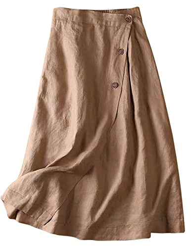 Jupe mi-longue pour femme en lin coupe trapèze jupe d'été midi/maxi jupe portefeuille jupe décontractée jupes pour dames taille élastiquée jupes longues unies
