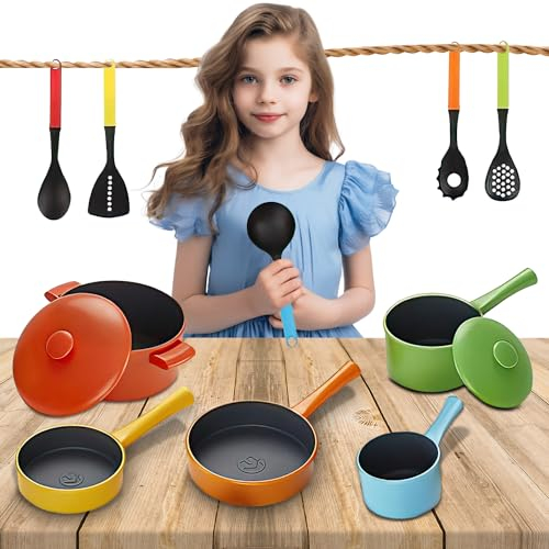 Koolbitz 12 Pcs Kids Kitchen Toy Accessories Set Utensils Cookware Toys Pots and Pans Toddler Pretend Cooking Playset Realistic Toys Playset for Kids 3+ Years Old