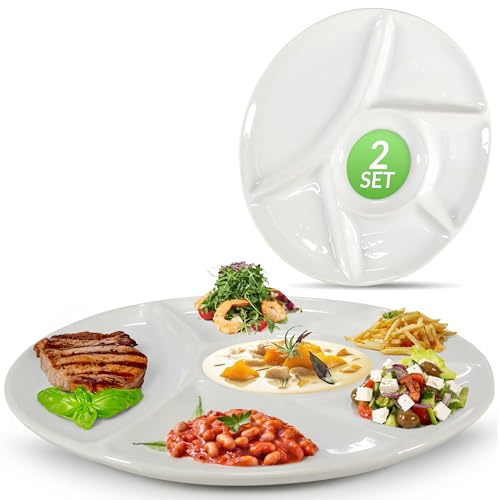 Oramics Fondueteller Porzellan Fondue Teller mit Unterteilung 23 cm rund weiß - Racletteteller Grillteller Snackteller mit Fächern - BBQ Raclette Menüteller Servierteller mit 6 Einteilungen (2er Set)
