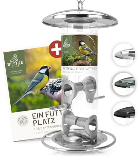 wildtier liebe Körner Futtersäule, Vogelfutterspender 26cm, Silber - aus rostfreiem Edelstahl I Vogel-Futterstation, Vogelfutter-Säule, Wildvögel Futtersilo I Ganzjährige Vogelfütterung