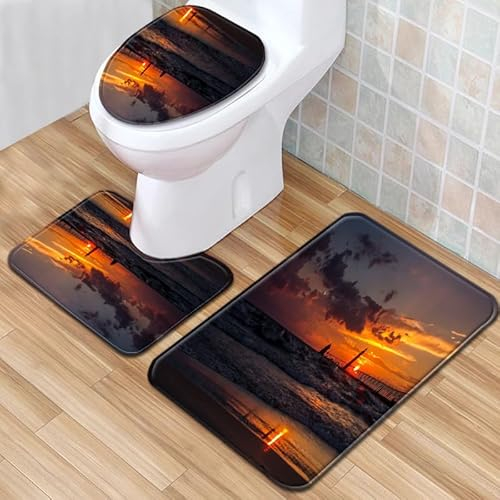 Bad Teppiche Set 3-Teiliges Orange Graue Wolke WC Vorleger Mit Ausschnitt Badematte Saugfähig WC Deckelbezug Badvorleger rutschfest Waschbar Toilettensitzbezug Badgarnitur (45x75cm)