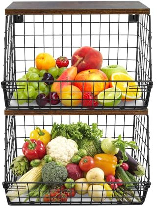 HUOLE Corbeille a Fruit, 2 Etages Panier a Fruit, 2pcs Organiseurs de Cuisine Basket avec Couvercle en Bois Panier Empilable et Montable au Mur pour Rangement Collations et Légumes-30*20*21cm-Noir