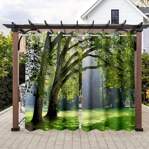 Hixingo Cortinas de Exterior, 3D Cortina Exterior Impermeable con Ojales, 2 Piezas Bosque Natural Visillos Translucidas para Terraza/Patio/Jardin/Porche (Primavera,137x203cm)