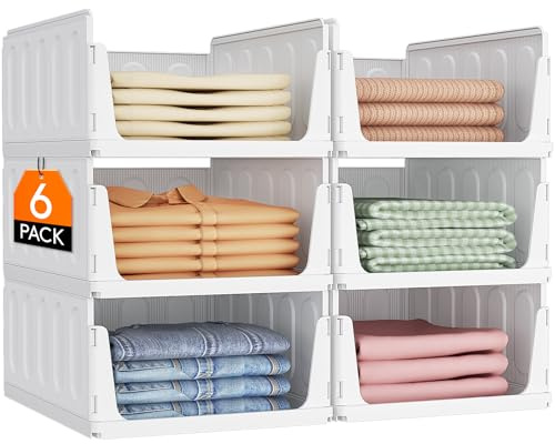 Lifewit Organizzatori Armadio con Cassetti Estraibili, Contenitori Impilabili per Vestiti, Ripiani per Armadio Interno, Scatole Salvaspazio in Plastica per Magliette, Pantaloni, 24L, Bianco, 6 Pezzi