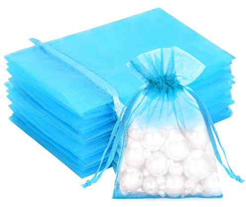 G2PLUS Turquoise Blue Organza Gift Pouches, 7x9 CM Small Favour Bags, 50 PCS