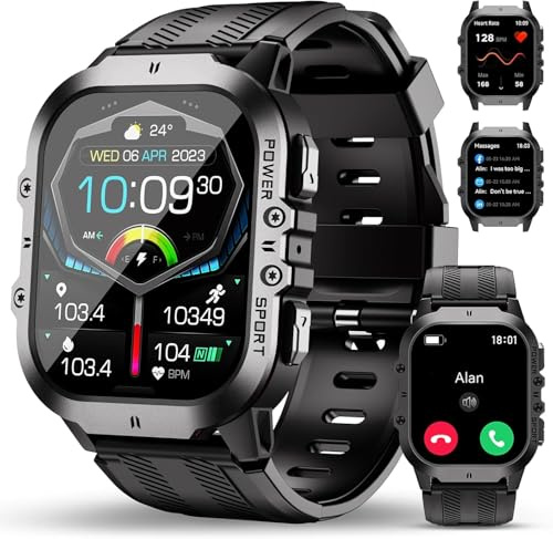 OUKITEL Smartwatch Herren Militär mit Telefonfunktion, Robust Sportuhr 120+Sportmodi mit Blutdruckmessung/SPO2/Herzfrequenz, 5ATM Wasserdicht Fitnessuhr mit Schlafmonitor, Touchscreen für iOS/Android