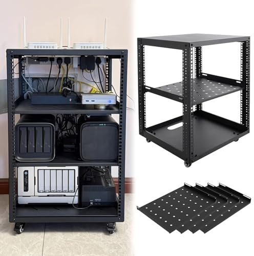 Serverställ med öppen Ram Justerbart Serverställ med Öppen Ram och Hjul, 10 12 15 18 20U Nätverksställ med Hyllor, Utrustningsskåp med Rullställ för IT och AV-utrustning(12U,4 tier)