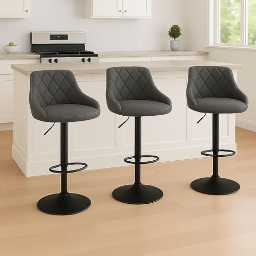 MOF Adjustable Bar Stools Set of 3, Swivel Faux Leather Breakfast Bar Stools with Backrest, Counter Height Kitchen Island Bar Chairs/Counter Stools with Footrest, Diamond Quilted (Dark Grey)