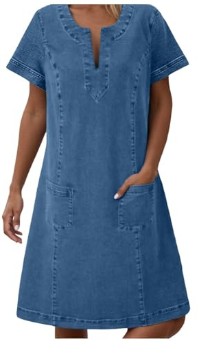 Robe d'été élégante et décontractée sans manches en jean avec col rond et poches pour femme semi-formelle