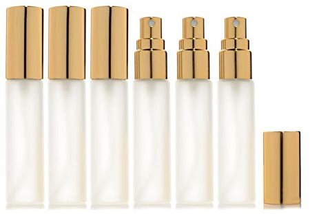 Enslz 6 pcs Frosted Fine Mist 10ml1/3oz Atomizer Glass Bottle Vial Spray Refillable Fragrance Perfume Empty Scent Bottle 2 pcs 3ML Free Pipette (10ml, Gold)