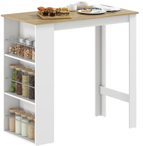 HOMCOM Table de Bar Table Haute de Cuisine Mange-Debout comptoir - dim. 112L x 57l x 106H cm - 3 étagères - Aspect chêne Clair Blanc