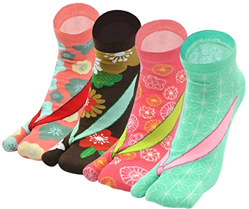 PUTUO Tabi Chaussettes Tong Japonaise: Femme Chaussette Geta en Coton Flip Flop Chaussettes Split Toe avec Motif Mignon, Taille 35-41, 4 Paires,Multicolore-G