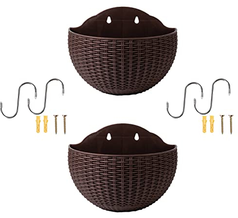 Zceplem 2 Pezzi Vaso da Fiori da Appendere A Parete, Vasi per Piante da Esterno, Vaso da Fiori A Semicerchio da Parete in Rattan Imitato, Portapiante Gancio per Balcone Recinto Fioriere A Muro
