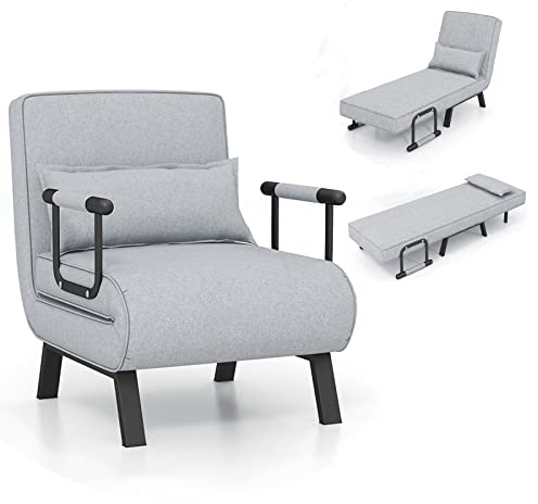 RELAX4LIFE 4 en 1 Sillón Relax Reclinable en 6 Posiciones 0-85°, Sofá Cama Plegable con Patas Ocultas y Cojín, Sillón Cama de 1 Plaza para Salón, Dormitorio y Oficina, Carga 150kg (Gris Claro)
