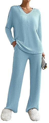 SotRong Ribbed Lounge Sets for Women Uk Ladies Leisure Wear Sets 2 Piece Tracksuit Joggers Activewear Set Long Sleeve Tops Loose Flare Trousers with Pocket Blue M
