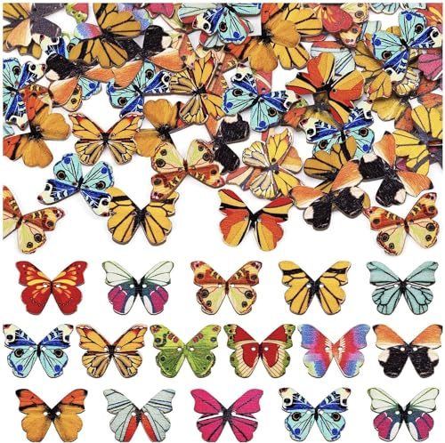 200Pcs Wooden Butterfly Buttons, Colorful Butterfly Pattern, 2 Holes