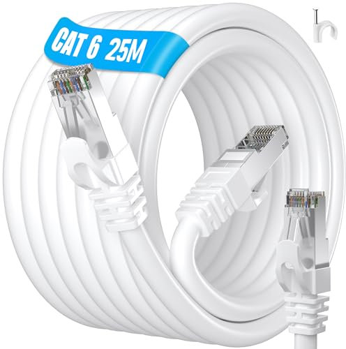 ikbc Ethernet Cable 25 m, Cat 6 Shielded Cable 25m FTP High Speed Internet Cable, RJ45 Lan Cable 25m Outdoor Gigabit Cat 6 25 meter, 23AWG Patch Cable White for Router PS4/5 (25 Clips)