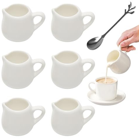 Lot de 6 Mini Pot à Lait en Porcelaine Blanc 50 ml, Pichet Céramique Lait, Petits Pots à Sauce Blancs avec Cuillère pour Lait, Café, Sauce, Crème, Pichet et Serveur de Sirop