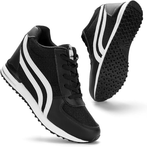 KOWAYI Damen Sneakers Wedges mit Keilabsatz 7cm Leichte Plateau Sneaker Walking Schuhe Atmungsaktiv Damen Turnschuhe Freizeitschuhe Bequeme Sportschuhe mit Keilabsatz Schwarz 39XIN