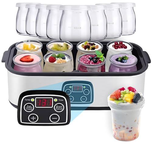 QUTBAG Yoghurt Maker, 1400ml Automatic Yogurt Maker Machine with 8pcs 180ml Glass Jars, Adjustable Temperature & Time Control for Fresh Homemade Yogurt, Health Gift for Men and Women