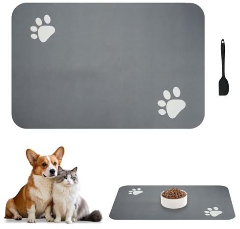 Scettar 40 * 60cm Tappetino Ciotola Cane con Spatola Silicone, Tappetini Assorbente Sottociotola per Cani, Tappetino Ciotola Cane Antiscivolo, Sottociotola Gatto in Terra Diatomacea (Grigio scuro)