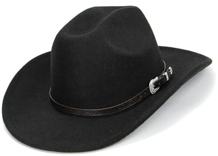 VASANA Sombrero de vaquero occidental de fieltro negro con hebilla de cinturón, ala ancha, sombrero Fedora de jazz para mujeres y hombres