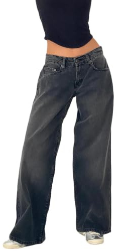 Baggy Jeans Dam Y2k lösa raka jeans låg midja jeans för kvinnor bjällra byxor för kvinnor säckiga byxor för dam