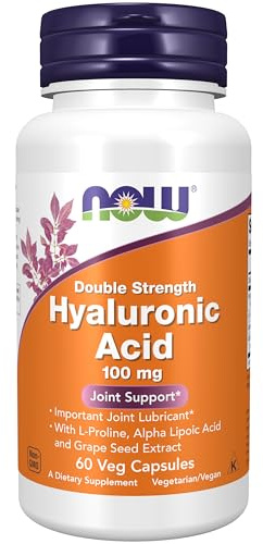 NOW Foods Supplements, Hyaluronic Acid 100 mg, Double Strength with L-Proline, Alpha Lipoic Acid and Grape Seed Extract, 60 Veg Capsules