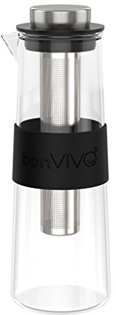 bonVIVO Cafetera para Café Frio - Jarra Fría Portátil para Cold Brew Coffee, Té, Agua y Infusiones de Vidrio con Filtro Permanente en Acero, 1 Litro
