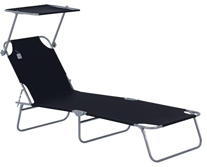 Outsunny Tumbona Plegable con Parasol Inclinable para Playa Piscina 187x58x27 cm Metal Negro