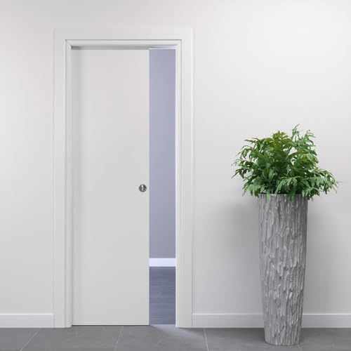 Italienska dörrar, skjutdörr på insidan av väggen, utdragsdörr i trä, HDF-ram och vattentät trådskydd, vit, 80 x 210 cm, med frostat kromlås
