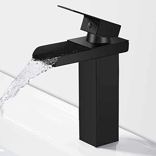SINKTORY Moderne Noir Robinet de Salle de Bain en Laiton, Mitigeur Lavabo Cascade, Robinet Lavabo avec Bec Hauteur 140mm, Eau Froide & Chaude Disponible, G 3/8