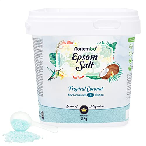 Nortembio Sali di Epsom 100% Fragranza Cocco Tropicale 3 kg – Fonte Naturale di Magnesio | Con Vitamina C ed E Idratante | Per Bagni Rilassanti, Spa e Cura della Pelle + E-Book Gratuito