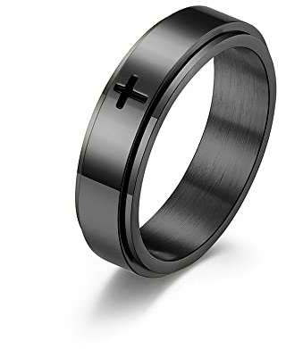 Minimalist Cross Christian Jesus Christ Lord Prayer Rotating Stress Relief Spinner Fidget Band Rings for Men Women for Anxiety Finger Rotate Freely Stainless Steel Fashion Cool Ring Birthday Bff Boyfriend Gifts (Black, 6)