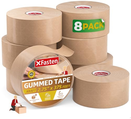 XFasten Water Activated Tape Brown with Reinforced Fiberglass Backing 2.75-Inch x 375-Feet (8-Pack, 3000ft Total) Water Activated Gummed Paper Tape Brown Kraft Paper Packaging Roll for Moving Boxes