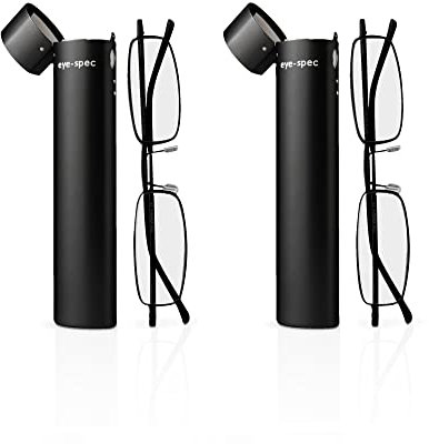 eye-spec (2 Pairs) Reading Glasses – Ultra-Light Black Frames with Thin Tube Travel Cases | Stylish Portable Design for Men and Women (1.5)