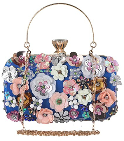 CORIOS Pochettes pour Femme Elegance Sac de Soirée Fleur Strass Embrayage Sacs Fourre-Tout de Mariage Sacs à Main D'épaule de Mariée pour Fête Banquet Mariage Bleu