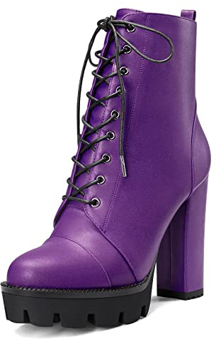 Castamere Femmes Haut High Talon Heel Plate-forme Bloc Chunky Rond Bout Bottines Lacets Fermeture à Glissière Bottes Violet A 38 EU