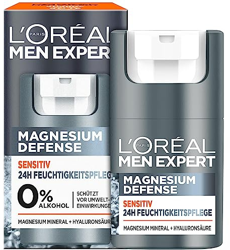 L'Oréal Men Expert Sensitiv Soin du visage pour homme, crème hydratante apaisante pour les peaux sensibles, crème pour le visage pour homme avec magnésium et acide hyaluronique, défense au magnésium 1