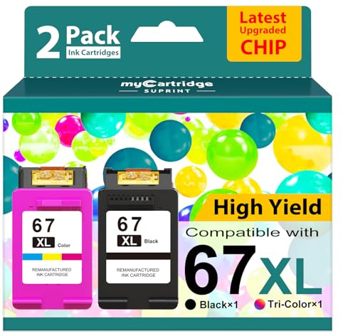 67XL Ink Cartridges Black/Color Combo Pack Replacement for HP Ink 67 67XL HP Printer Ink High Yield Works with DeskJet 2755e 2855e 2700 2800e 2700e 4255e 4155e Envy 6055e 6000 6455e 6400 (2-Pack)