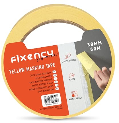Fixency 1x Malerkrepp (30 mm x 50 m) I Kreppband Gelb für Malerarbeiten und Renovierungen I Abklebeband zum Streichen, Lackieren, Renovieren