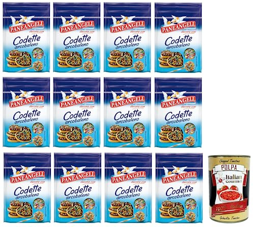 Paneangeli Lot de 12 codettes Arcobaleno, décoration en confettis multicolores de forme oblongue, sachet refermable de 50 g + boîte italienne Gourmet Polpa di Pomodoro 400 g