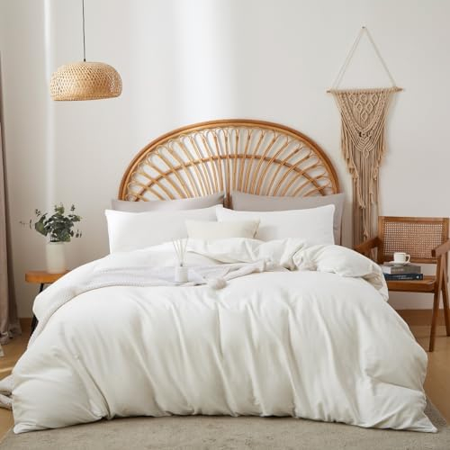 Sedefen Doppelte Musselin Bettwäsche 220x240 cm Baumwolle Leinen Weiß Bettwäsche Set 3tlg,1 Bettbezug mit Reißverschluss und 2 Kissenbezug 80x80cm,85% Baumwolle und 15% Leinen Bettwäsche